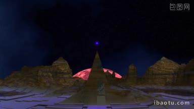 在山中有一个金字塔，从它的顶部发光的蓝色球体<strong>UFO</strong>起飞和上升